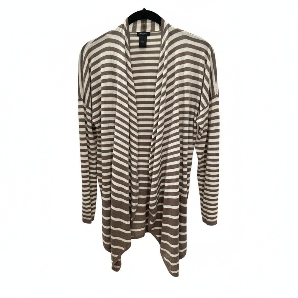 !! SOLD !! Pima Cotton Open Front Waterfall Cardigan‎ M Taupe White Striped EUC